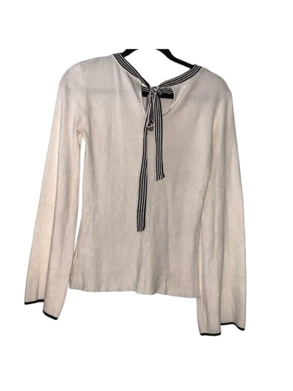 Olivia Warren XS White Long Sleeve Knit Top W/ Black Ribbon Tie Neck Detail